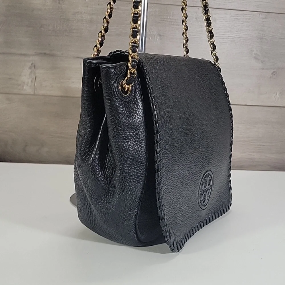 Tory Burch Flap Front Pebble Black Leather Shoulder Bag with Gold Chain-Strap